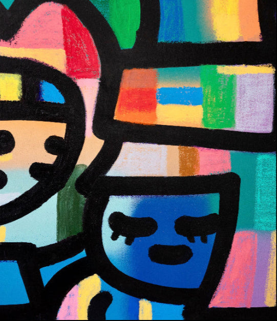 Détail d’une peinture acrylique et pastels à l'huile sur toile signée CHANOIR, représentant un personnage stylisé entouré de couleurs vives. Composition dynamique inspirée du street art et du pop art, avec des contours noirs contrastés.