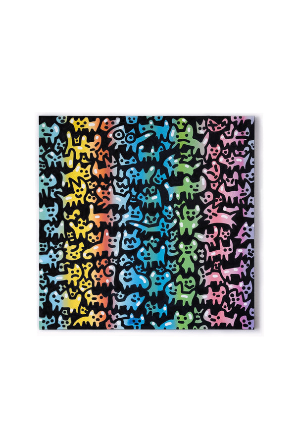 Œuvre d’art contemporaine intitulée ‘Little United Chas’ par Chanoir (2016). Acrylique sur toile, représentant une multitude de chats stylisés en dégradés de couleurs vives sur fond noir, typique du style street art ludique et graphique de l’artiste.