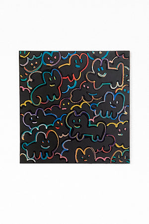 Œuvre originale signée de CHANOIR "Colors of Cha Love" (2023), toile 50×50 cm en pastels et acrylique métallisée, prix 3 500 €, personnages iconiques noirs aux contours multicolores.