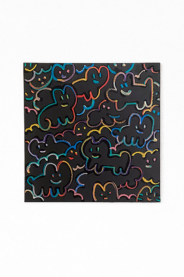 Œuvre originale signée de CHANOIR "Colors of Cha Love" (2023), toile 50×50 cm en pastels et acrylique métallisée, prix 3 500 €, personnages iconiques noirs aux contours multicolores.