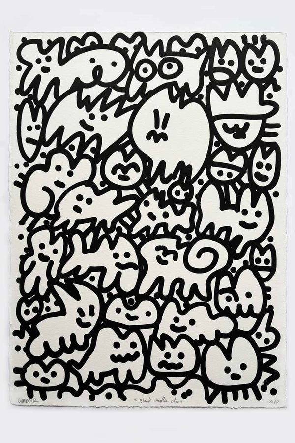 Œuvre originale de street art de Chanoir, 2017, encre et acrylique sur papier, composition graphique en noir et blanc peuplée de personnages stylisés.