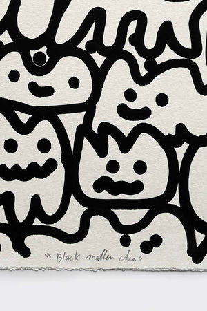 Détail du titre manuscrit « Black Matter Cha » inscrit à la main par l’artiste street art Chanoir sur une œuvre en encre et acrylique sur papier, 2017.
