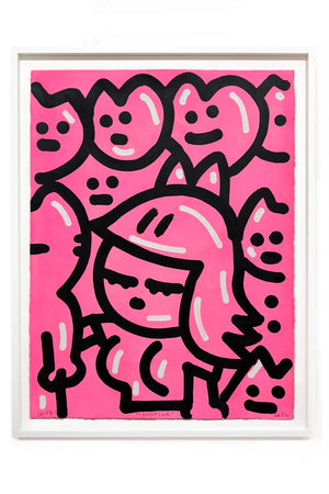 Œuvre originale de street art de Chanoir intitulée « Hello Love », 2024, acrylique sur papier, présentée encadrée dans un cadre blanc.