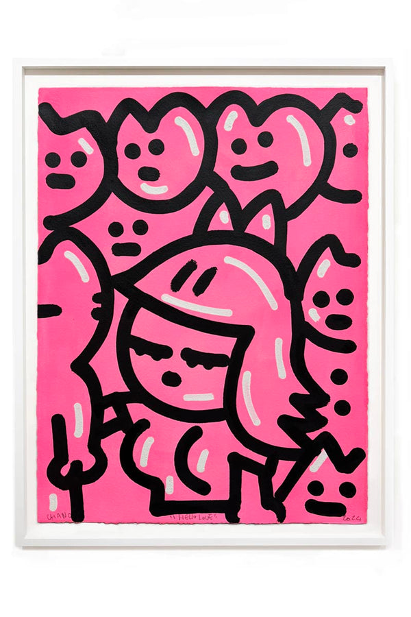 Œuvre originale de street art de Chanoir intitulée « Hello Love », 2024, acrylique sur papier, présentée encadrée dans un cadre blanc.