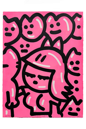 Œuvre originale de street art de Chanoir intitulée « Hello Love », 2024, peinture sur papier Arches, composition graphique de personnages stylisés sur fond rose.