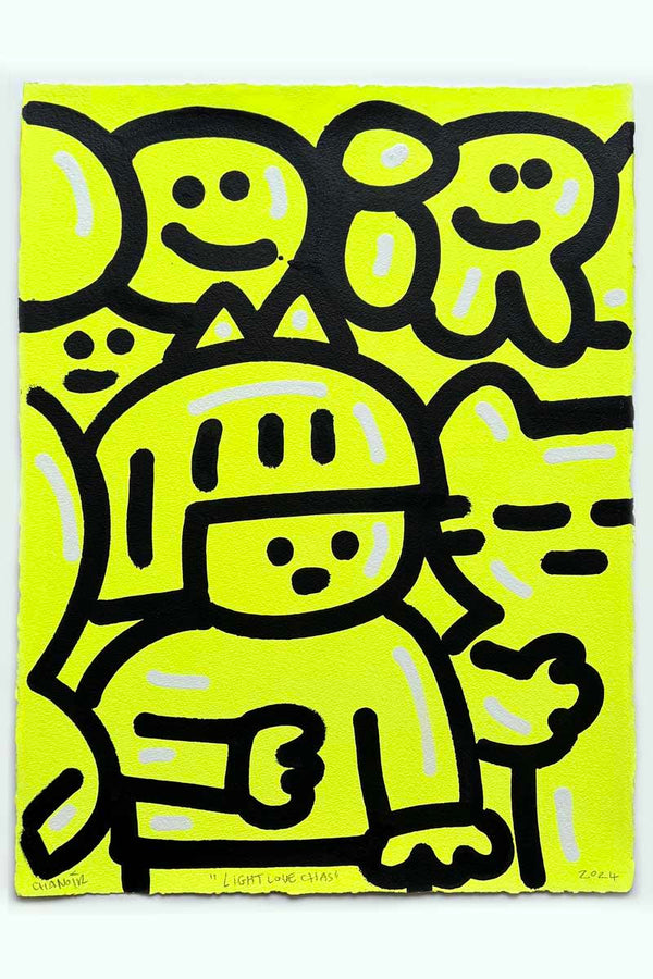 Œuvre originale de street art de Chanoir intitulée « Light Love Chas », 2024, acrylique sur papier Arches, composition graphique de personnages stylisés aux couleurs vives.