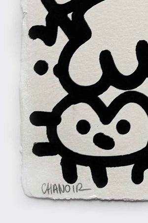 Détail de la signature manuscrite de l’artiste street art Chanoir sur une œuvre en encre et acrylique sur papier, 2017.