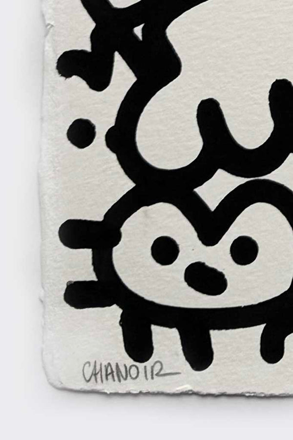 Détail de la signature manuscrite de l’artiste street art Chanoir sur une œuvre en encre et acrylique sur papier, 2017.