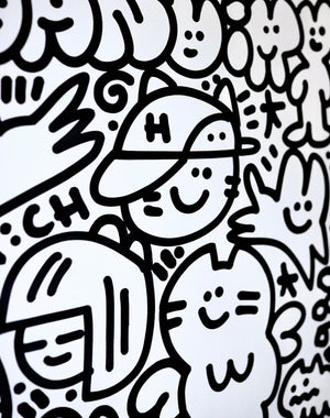 Détail d'une peinture de l'artiste CHANOIR, aux couleurs noir et blanc, représentant un univers graphique ludique et peuplé de personnages félins et souriants, typiques du style street art de l’artiste.