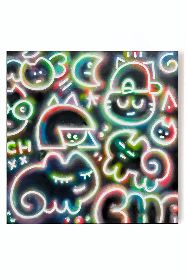 Peinture 'chas néons de la lune" de l'artiste contemporain street art Chanoir, représentant des figures félines stylisées sur fond noir, typique de son univers pop art – en vente à la Galerie Vermeulen.