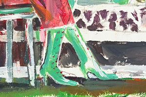 Détail des chaussures représentées sur une peinture figurative contemporaine "Autoportrait X" de Liliane Phung. Des bottes de ville vertes.