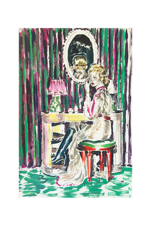Peinture de figuration contemporaine intitulée “Chez Davoli” de Liliane Phung. Une femme assise devant une coiffeuse au miroir ovale. L’œuvre mêle codes esthétiques rétro et touche expressionniste, avec des rideaux rayés violets et verts, un tapis vert émeraude, et une lumière tamisée. L’artiste explore la construction de l’image de soi à travers un style figuratif vibrant et théâtral.
