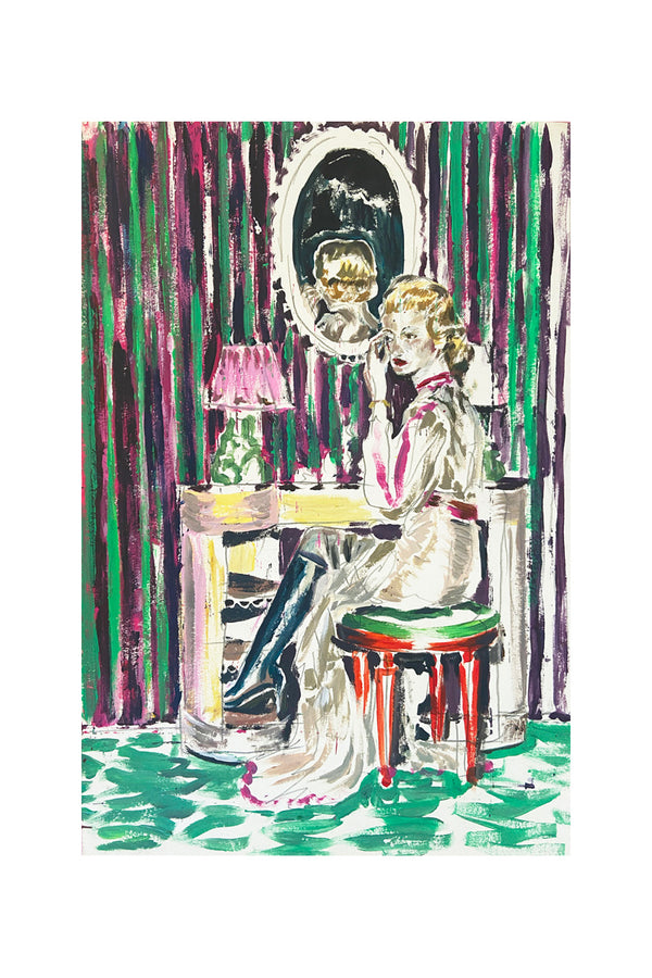 Peinture de figuration contemporaine intitulée “Chez Davoli” de Liliane Phung. Une femme assise devant une coiffeuse au miroir ovale. L’œuvre mêle codes esthétiques rétro et touche expressionniste, avec des rideaux rayés violets et verts, un tapis vert émeraude, et une lumière tamisée. L’artiste explore la construction de l’image de soi à travers un style figuratif vibrant et théâtral.