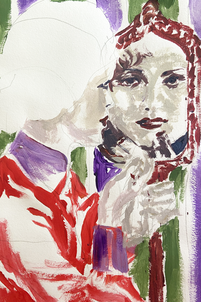 Détail de l'oeuvre "Autoportrait V" de Liliane Phung, œuvre figurative contemporaine en acrylique et crayon sur papier, représentant une femme vêtue de rouge et de violet, se regardant dans un miroir pour se mettre du rouge à lèvres, sur fond vertical coloré.