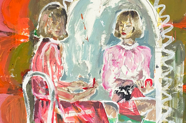 Close-up d'une peinture figurative contemporaine "Autoportrait X" de Liliane Phung représentant une femme face à son reflet dans un miroir, dans un décor rétro aux teintes rouges et vertes, entre intimité, mémoire et construction identitaire.