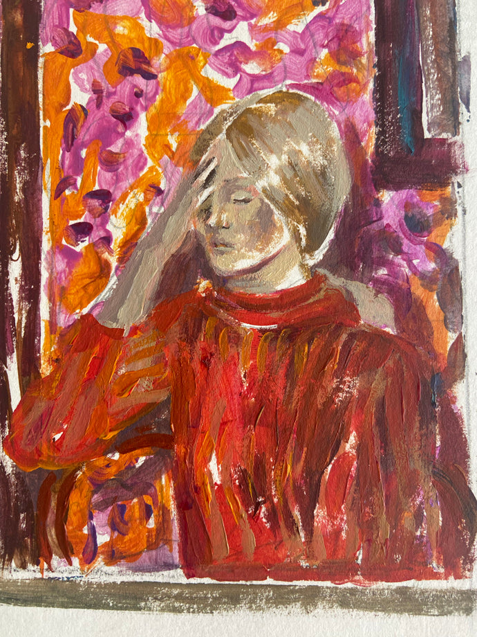 
Détail de la peinture sur papier de Liliane Phung, une oeuvre contemporaine figurative intitulée “Desastra”. Une femme en rouge, vue à travers une fenêtre encadrée de pierre, regarde vers l’extérieur. Derrière elle, un rideau fleuri aux teintes vives et un drapé violet suggèrent un intérieur à la fois intime et vibrant. L’œuvre évoque la solitude, l’attente ou l’échappée mentale, à travers une composition simple mais chargée d’émotion.
