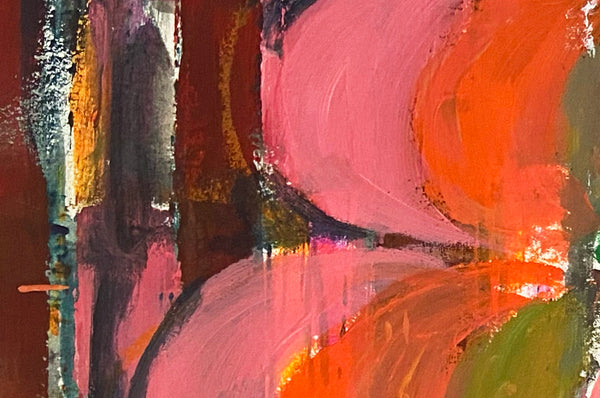 Détail de texture de peinture d'une oeuvre figurative contemporaine "Autoportrait X" de Liliane Phung représentant une femme face à son reflet dans un miroir, dans un décor rétro aux teintes rouges, roses et vertes, entre intimité, mémoire et construction identitaire.