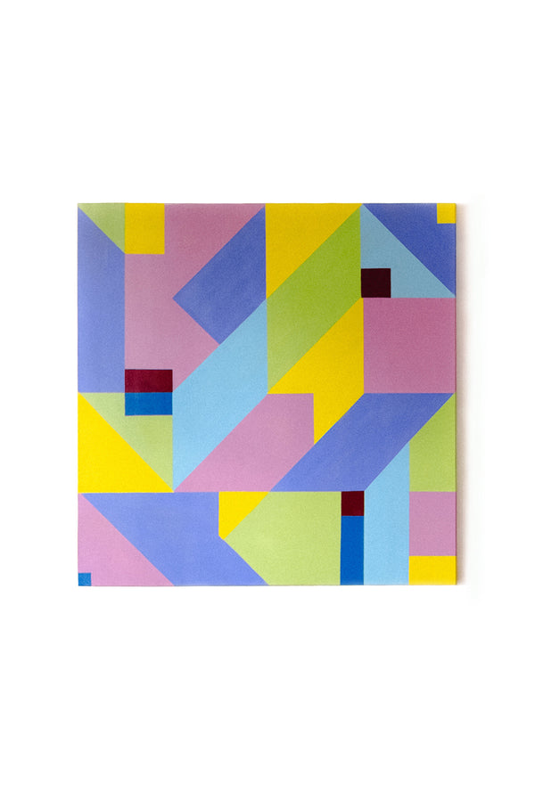 Carré Rose de Debens – Tableau d’art contemporain aux formes géométriques et couleurs vives, parfait pour une décoration moderne et design.