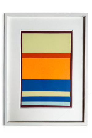 Œuvre abstraite contemporaine de Debens, collage géométrique composé de bandes horizontales aux tons orange, bleu et vert, encadré, issue de la série HGLL2.