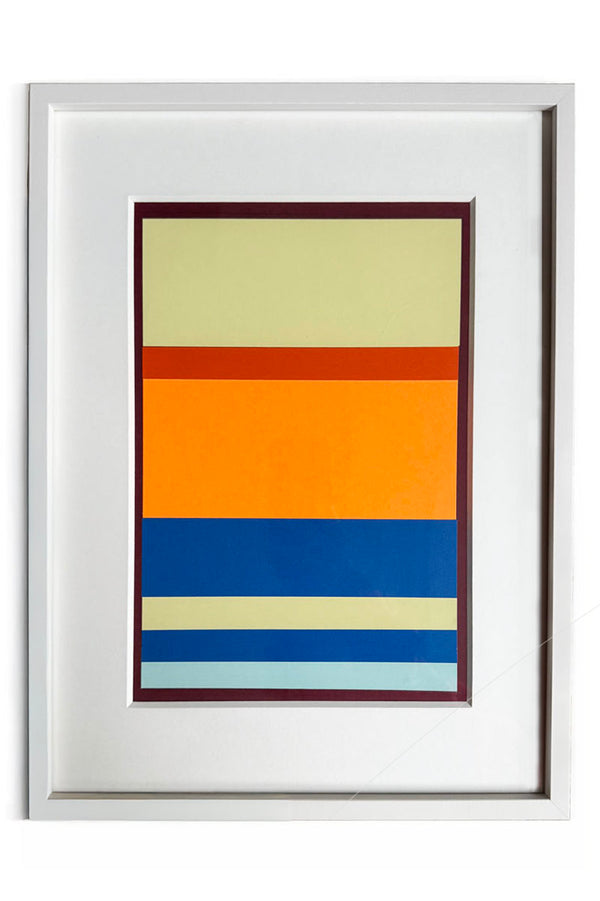 Œuvre abstraite contemporaine de Debens, collage géométrique composé de bandes horizontales aux tons orange, bleu et vert, encadré, issue de la série HGLL2.