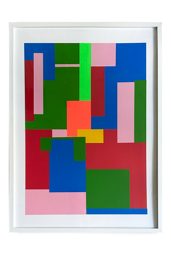 œuvre abstraite et géométrique encadrée de Debens. Ce collage d'art contemporain mêle des couleurs de rouge, rose, vert fluo, vert sapin, jaune et bleu. Cadre blanc.