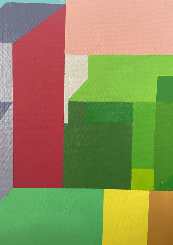 Détail du tableau DBNS Ludique de Debens – Gros plan sur une composition géométrique aux nuances de vert, rouge et rose, capturant la texture et la profondeur de l’œuvre.