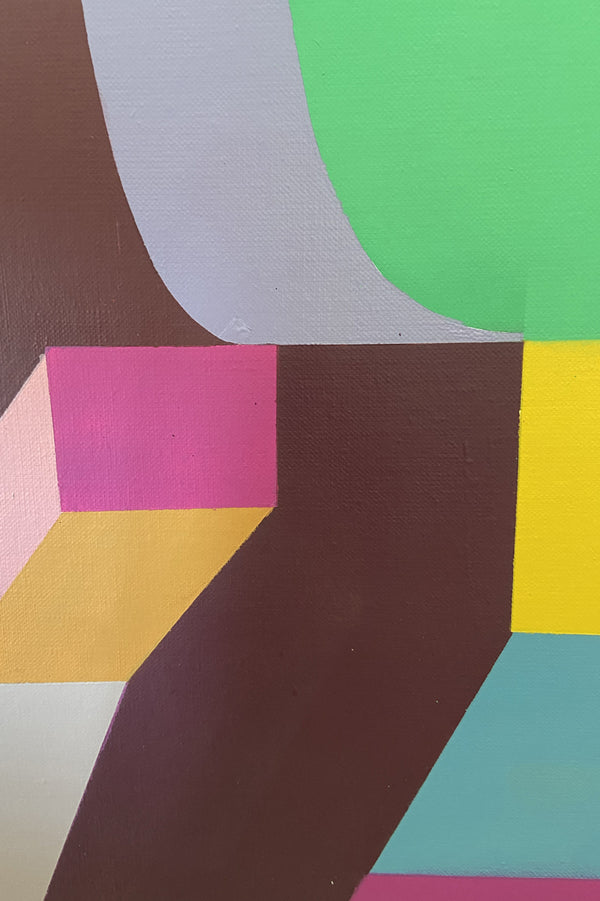 Vue des détails de l'oeuvre originale de DEBENS, artiste contemporain, "DBNS Ludique", une peinture géométrique dynamique, idéale pour une décoration moderne et colorée.