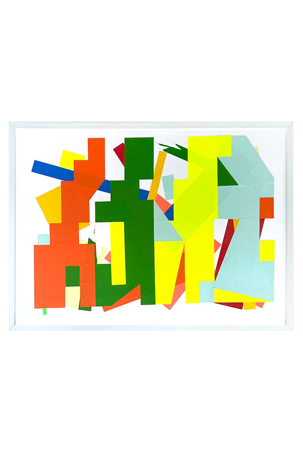'DBNS Orange vert fluobleu', collage abstrait 50 × 70 cm de l’artiste contemporain Debens, couleurs vives rouge, vert, jaune fluo et bleu, présenté par la Galerie Vermeulen.
