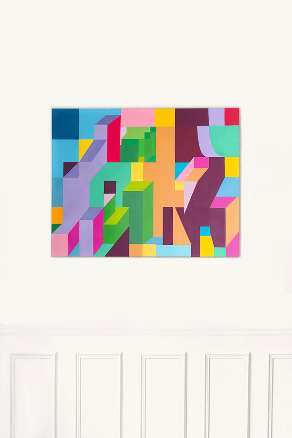 Mise en situation du tableau "DBNS Ludique" de Debens – Un jeu de formes et de couleurs qui dynamise un espace intérieur.