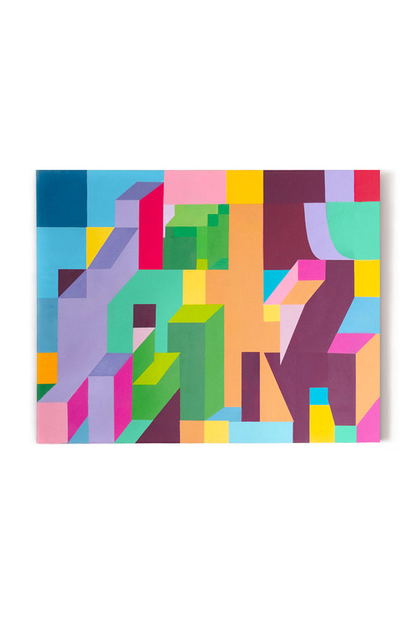 "DBNS Ludique" de Debens – Tableau d’art contemporain aux formes géométriques et couleurs vibrantes, inspiré du jeu et de l’architecture abstraite.