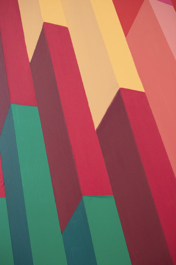 Gros plan sur Step II, peinture géométrique contemporaine de l’artiste Debens, aux couleurs vives et aux formes abstraites dynamiques, parfaite pour une collection d’art moderne.