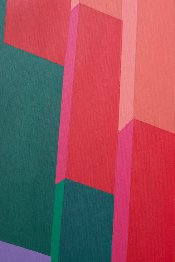 Détail du tableau Steps de Debens – Composition géométrique audacieuse avec des nuances de rouge, vert et rose, capturant une esthétique architecturale vibrante.