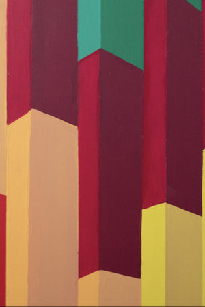 Détail du tableau Steps de Debens – Une composition architecturale aux teintes vibrantes, typique de l’art géométrique contemporain.
