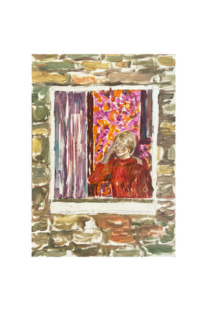Peinture contemporaine figurative intitulée “Desastra”. Une femme en rouge, vue à travers une fenêtre encadrée de pierre, regarde vers l’extérieur. Derrière elle, un rideau fleuri aux teintes vives et un drapé violet suggèrent un intérieur à la fois intime et vibrant. L’œuvre évoque la solitude, l’attente ou l’échappée mentale, à travers une composition simple mais chargée d’émotion.