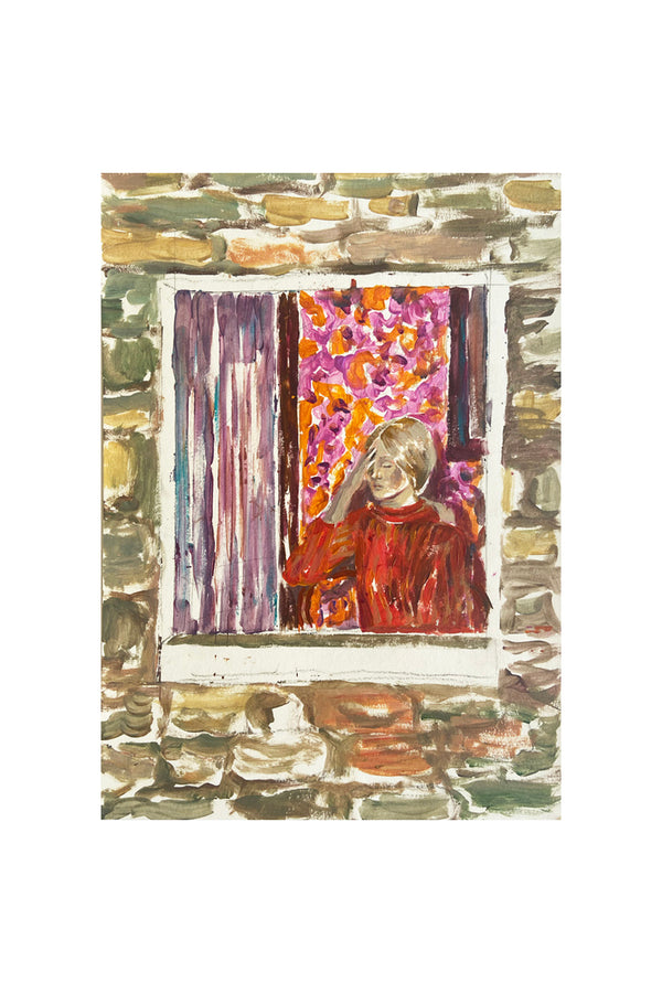 Peinture contemporaine figurative intitulée “Desastra”. Une femme en rouge, vue à travers une fenêtre encadrée de pierre, regarde vers l’extérieur. Derrière elle, un rideau fleuri aux teintes vives et un drapé violet suggèrent un intérieur à la fois intime et vibrant. L’œuvre évoque la solitude, l’attente ou l’échappée mentale, à travers une composition simple mais chargée d’émotion.
