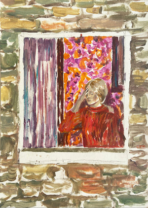 
Peinture contemporaine figurative intitulée “Desastra”. Une femme en rouge, vue à travers une fenêtre encadrée de pierre, regarde vers l’extérieur. Derrière elle, un rideau fleuri aux teintes vives et un drapé violet suggèrent un intérieur à la fois intime et vibrant. L’œuvre évoque la solitude, l’attente ou l’échappée mentale, à travers une composition simple mais chargée d’émotion.