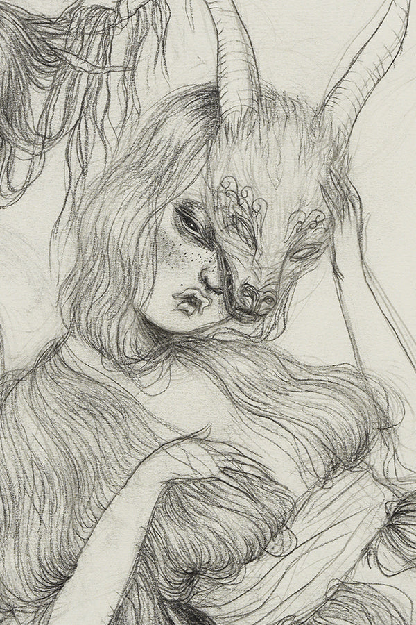 Détail du dessin original de l'artiste Miss Van : Two Hairy Muses, réalisé au graphite sur papier. Une femme portant un masque animal dans une position nonchalante est recouverte de long cheveux. 
