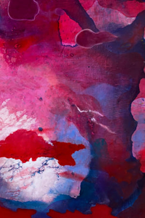 Détail du tableau abstrait contemporain de GUSTAVO VEJARANO aux dominantes rose, bleu et rouge, peinture à l'huile sur toile vendue par la Galerie Vermeulen – œuvre expressive au style organique et coloré.