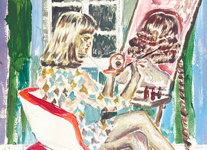 Détail de la peinture contemporaine intitulée “Autoportrait VI”, de Liliane Phung, représentant une femme en train de peindre son reflet à l'aide d'un miroir. La scène, située dans un intérieur au style rétro avec du papier-peint vert et bleu, est traitée dans une figuration expressive et texturée.