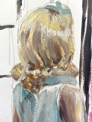 Détail d'une peinture de figuration contemporaine intitulée “Autoportrait XV” de Liliane Phung. Une femme de profil, se tenant devant un miroir. L’œuvre mêle codes esthétiques rétro et touche expressionniste. L’artiste explore la construction de l’image de soi à travers un style figuratif vibrant et théâtral.