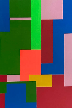 Détail d'une œuvre abstraite et géométrique de Debens . Ce collage d'art contemporain mêle des couleurs de rouge, rose, vert fluo, vert sapin, jaune et bleu.