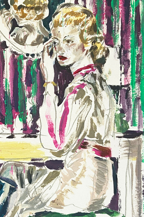 Détail d'une peinture de figuration contemporaine intitulée “Chez Davoli” de Liliane Phung. Une femme assise devant une coiffeuse au miroir ovale. L’œuvre mêle codes esthétiques rétro et touche expressionniste, avec des rideaux rayés violets et verts, un tapis vert émeraude, et une lumière tamisée. L’artiste explore la construction de l’image de soi à travers un style figuratif vibrant et théâtral.
