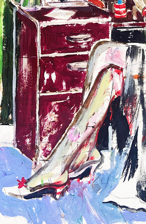 Détail d'une peinture contemporaine figurative intitulée “Autoportrait XIV” de l'artiste franco-vietnamienne Liliane Phung. Des jambes croisées d'une femme assise devant un bureau, sont représentés. Style expressif, entre figuration narrative et art contemporain.