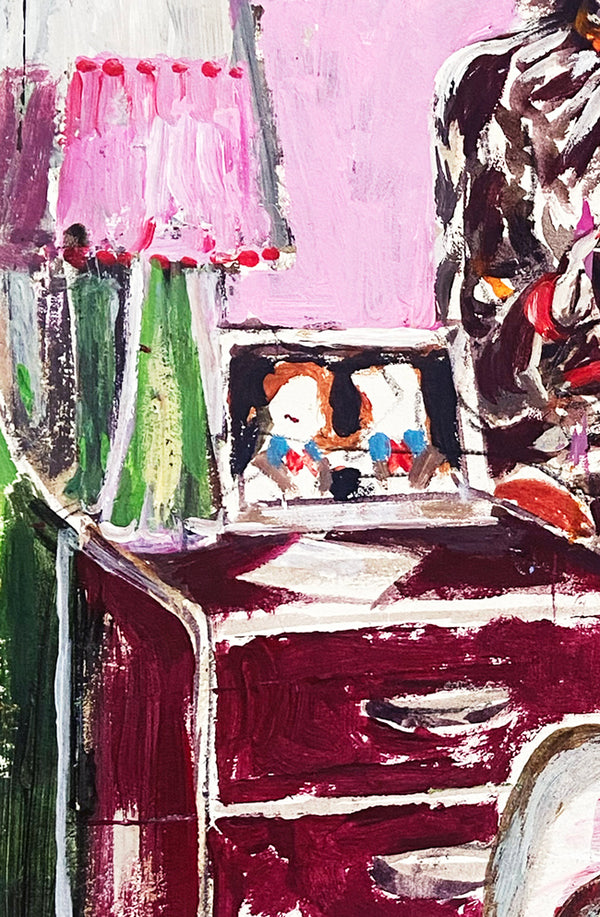 Détail d'une peinture contemporaine figurative intitulée “Autoportrait XIV” de l'artiste franco-vietnamienne Liliane Phung. Une lampe sur un bureau, avec un cadre photo, sont représentés. Style expressif, entre figuration narrative et art contemporain.