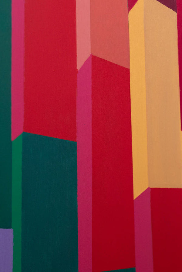Détail de l'oeuvre de d'artiste Debens, une oeuvre d'art contemporain architecturale et géométrique.
