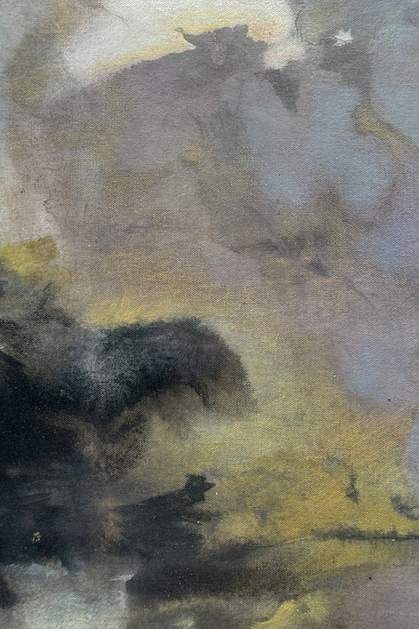 Détail de l'oeuvre Rio Volador de GUSTAVO VEJARANO. Une oeuvre contemporaine abstraire de l'artiste colombien, aux ton de gris, jaune, blanc et noir. Une oeuvre présentée par la Galerie Vermeulen.