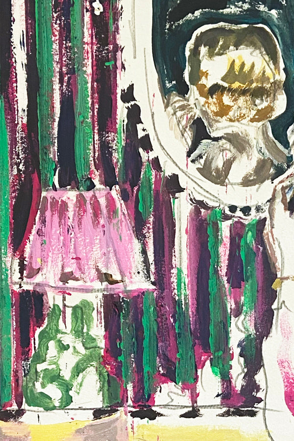 Détail d'une peinture de figuration contemporaine intitulée “Chez Davoli” de Liliane Phung. Un miroir reflétant le visage d'une femme et une lampe posée sur une table. L’œuvre mêle codes esthétiques rétro et touche expressionniste, avec des rideaux rayés violets et verts, un tapis vert émeraude, et une lumière tamisée. L’artiste explore la construction de l’image de soi à travers un style figuratif vibrant et théâtral.