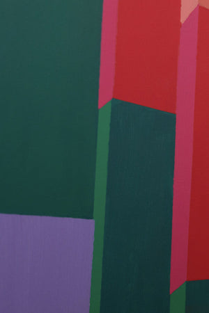 Détail du tableau Steps de Debens – Une composition architecturale aux teintes vert, violet, rose et rouge. Une oeuvre d'art contemporain géométrique.