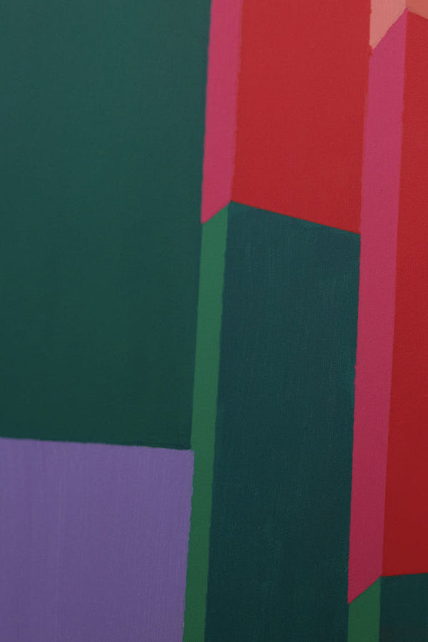 Détail du tableau Steps de Debens – Une composition architecturale aux teintes vert, violet, rose et rouge. Une oeuvre d'art contemporain géométrique.
