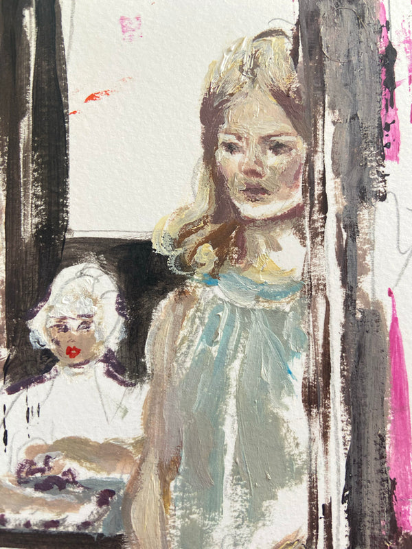 Détail d'une peinture de figuration contemporaine intitulée “Autoportrait XV” de Liliane Phung. Une femme se tenant devant un miroir, les mains jointes, une autre femme se tient assise derrière elle.. L’œuvre mêle codes esthétiques rétro et touche expressionniste. L’artiste explore la construction de l’image de soi à travers un style figuratif vibrant et théâtral.